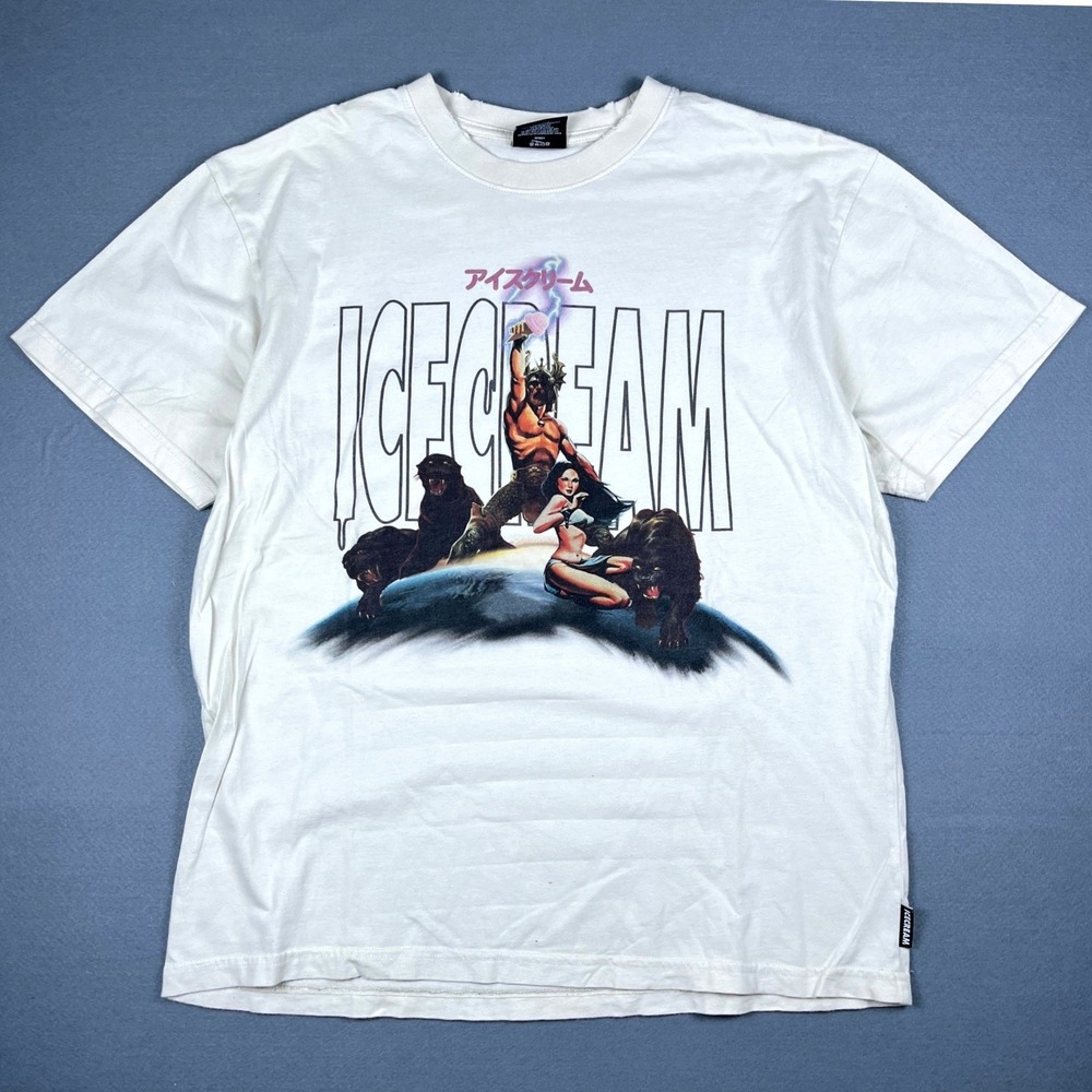 Icecream Power Mens White Graphic T-Shirt Large Warrior Panther Streetwear